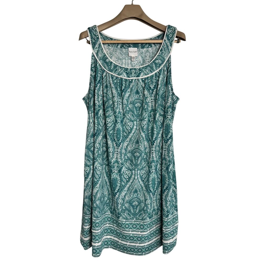 Kate Hill Dress 18W Sleeveless Green White Boat Neck Pockets
